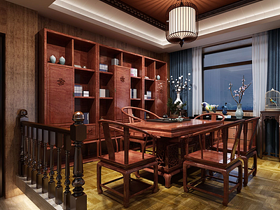 3d中式茶室茶桌椅茶柜组合模型
