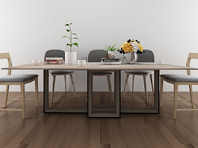 3d现代简约木艺餐桌椅组合模型