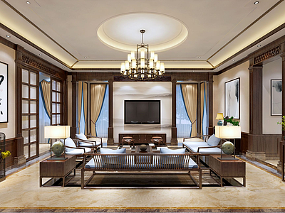 中式客厅木沙发模型3d模型