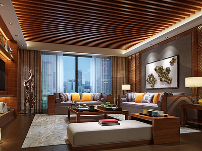 3d中式客厅沙发茶几家具组合模型