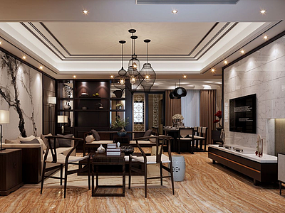 3d中式客厅餐厅木桌椅模型