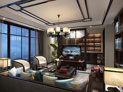 3d中式客厅沙发酒柜模型