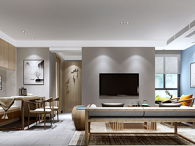 3d中式客厅原木家具模型