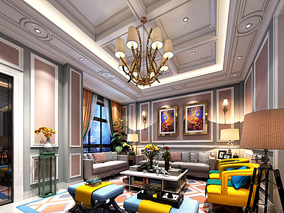3d现代色彩客厅模型