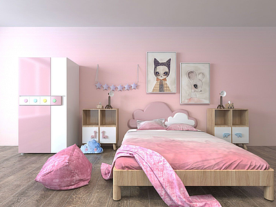 3d粉红儿童房家具组合模型
