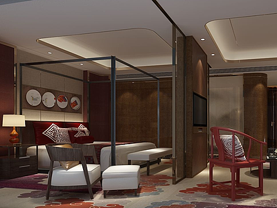 新中式卧室客厅套房模型3d模型