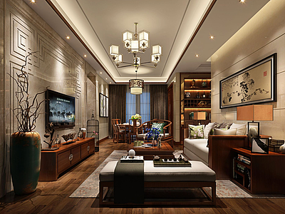 3d客厅餐厅中式风格模型