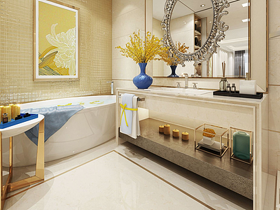 3d金色墙面瓷砖壁画主题卫浴模型