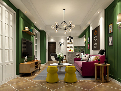 3d现代彩色主题客厅模型