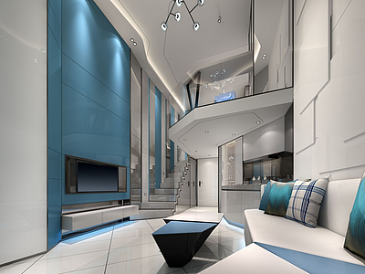 别墅客厅蓝白色调3d模型
