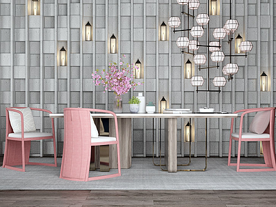 3d中式粉色餐桌组合模型
