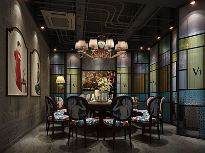 3d中式壁画主题餐厅模型