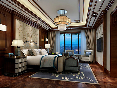 3d卧室中式床壁画模型