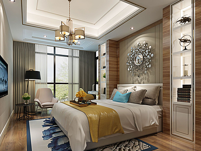3d中式现代简约卧室模型