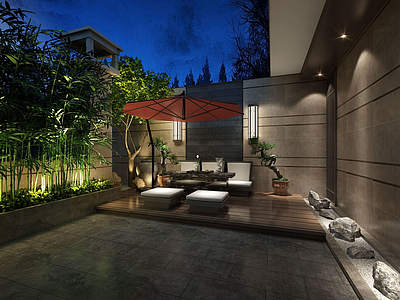3d别墅户外绿植庭院茶室模型