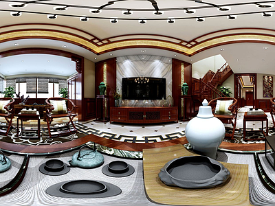 3d中式实木客厅家具组合模型