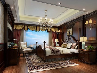 3d中式实木家具地板卧室模型