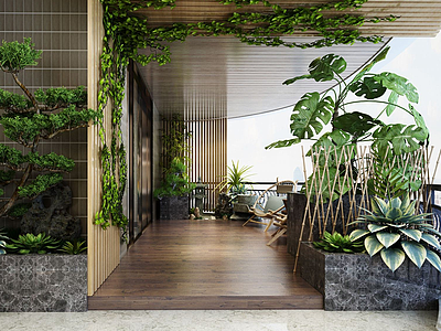 3d绿植观赏区茶室竹墙花藤模型