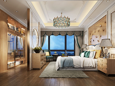 新中式蝴蝶壁画主题卧室模型3d模型