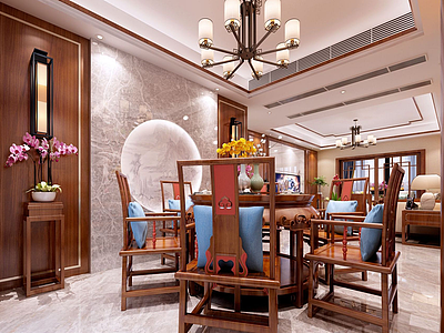 3d典型中式客厅餐厅茶座模型