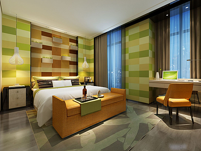翠绿橘黄双色调现代卧室模型3d模型