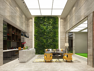 3d绿植墙中式酒柜服务台模型