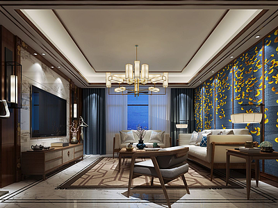 蓝壁纸黄花枝主题中式客厅3d模型