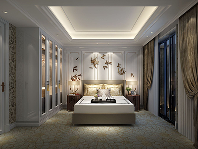 3d中式玉叶壁挂主题卧室模型