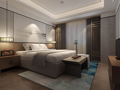 3d中式古木色床沙发组合卧室模型