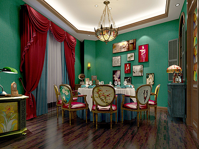 3d古典风情座椅壁画餐厅模型
