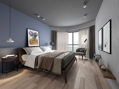 3d木板床品同色系主题卧室模型