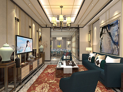 中式牡丹花地毯客厅餐厅模型3d模型