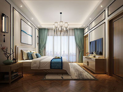 3d现代式蓝绿色调主题卧室模型