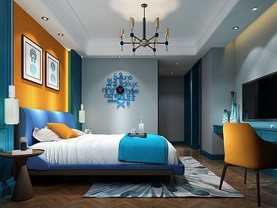海洋蓝挂表主题现代卧室模型3d模型