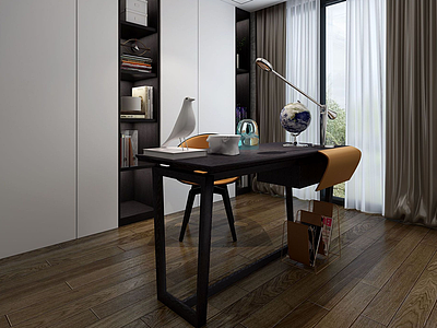 3d现代简约书房书桌书柜模型