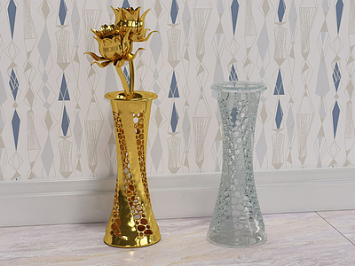 3d金色花瓶摆件透明镂空花瓶模型