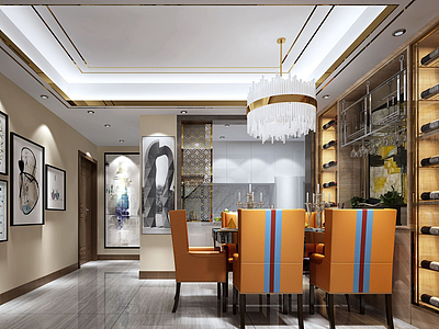 艺术壁画色彩浓郁酒柜餐厅模型3d模型