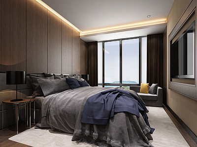 3d现代中式深棕色调卧室模型