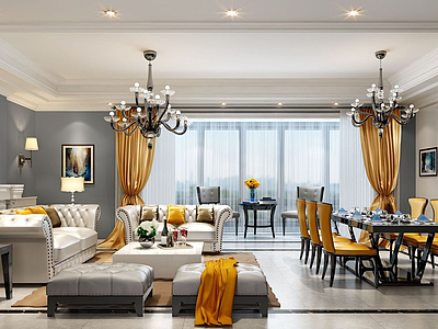 3d窗帘椅子黄白色系风格客厅模型