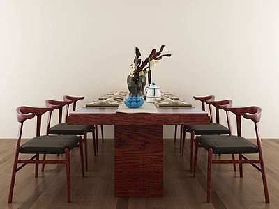 3d现代中式餐桌椅组合模型