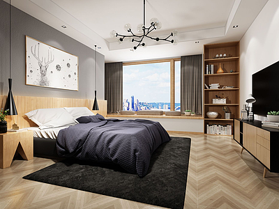 羚羊壁画原木色主题卧室模型3d模型