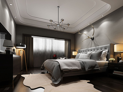 3d灰色主调中式台灯卧室模型