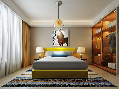 3d现代简易卧室单匹马壁画模型