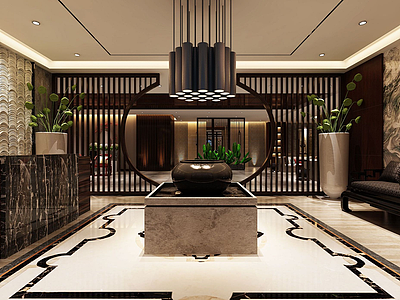 3d中式大堂酒店大厅模型