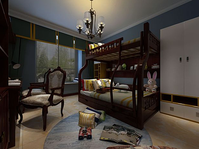 3d实木儿童高低层卧室模型