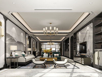 中式壁画新风格客厅3d模型