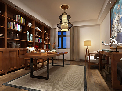 3d中式简约宽敞茶室组合书柜模型