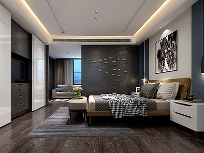 3d新中式简约素灰色主题卧室模型