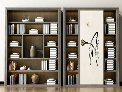 3d新中式书柜陈列柜装饰柜模型