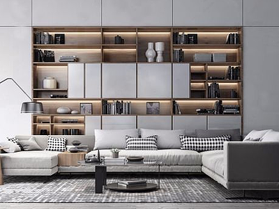 3d现代沙发书柜茶几组合模型